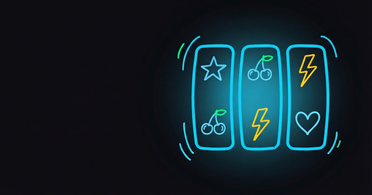 Neon doodle of three slot reels spinning, illustrating free slot game demo mode
