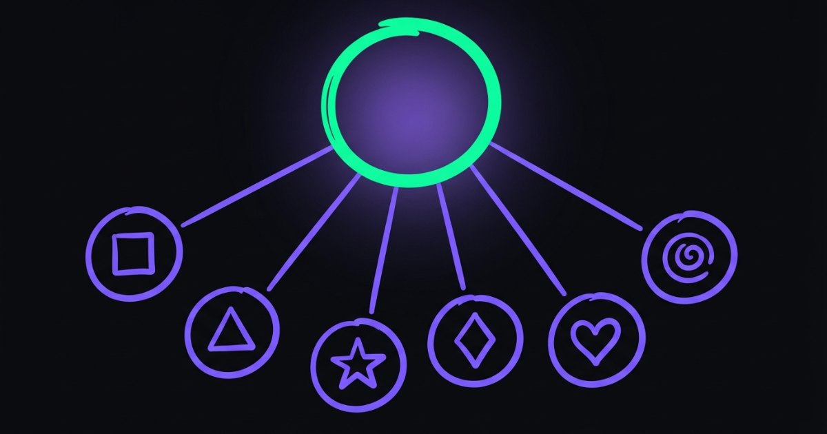Neon doodle of one hub circle linked to six smaller brand circles, showing how casino sister sites share an operator